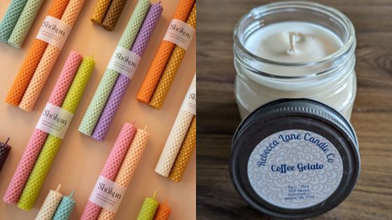 Colorful beeswax candles and a jar of coffee-scented gelato candle displayed on a wooden surface.