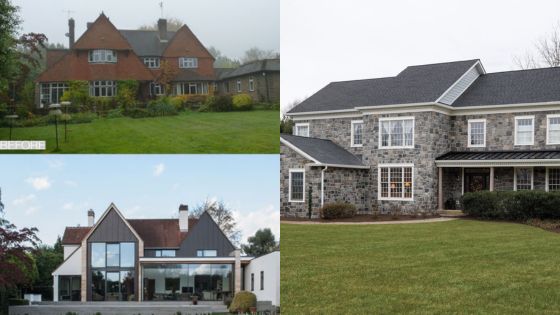 Comparison of house renovations: old traditional home before and modernized exteriors after, alongside a large stone house.