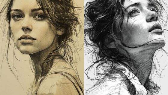 Digital art of two women in pencil sketch style, one looking back and other gazing upwards, capturing emotional expressions.