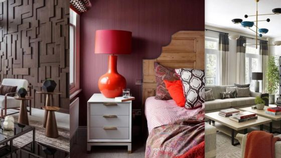 Stylish modern interior design in three rooms: living area with wooden decor, bedroom with red accents, and bright living room.