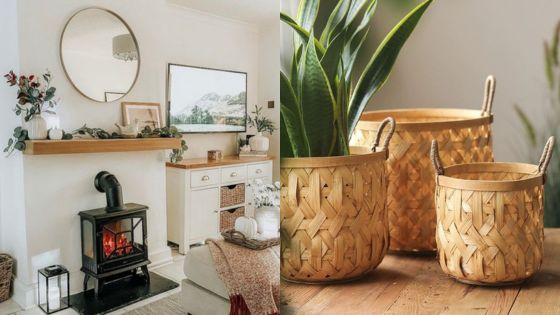 Cozy living room with a fireplace and woven baskets, used as planters. Natural wooden decor complements the modern aesthetic.