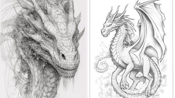 Detailed dragon sketches, left: close-up of dragon’s face, right: full-body view of dragon with wings spread, monochrome artwork.