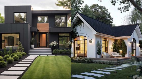 Modern black-facade home and cozy white-cottage with inviting patios, lush greenery, and stone paths leading to entrances.