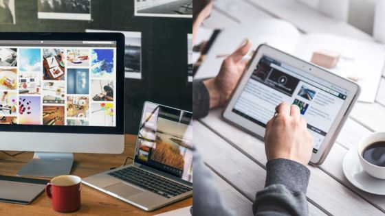 Dual screens showcasing a desktop and a tablet, emphasizing digital browsing and design on different devices with coffee nearby.