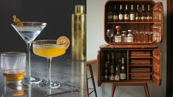 Elegant cocktail glasses and a sophisticated home bar with assorted liquor bottles, ideal for a luxurious drinking experience.