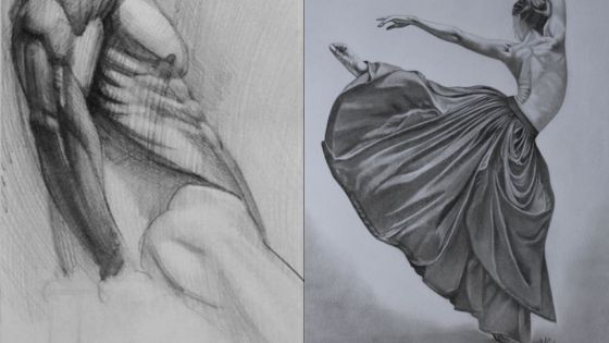 Two detailed pencil sketches of dancers; one seated and one mid-air with flowing dress, showcasing fluid motion and grace.