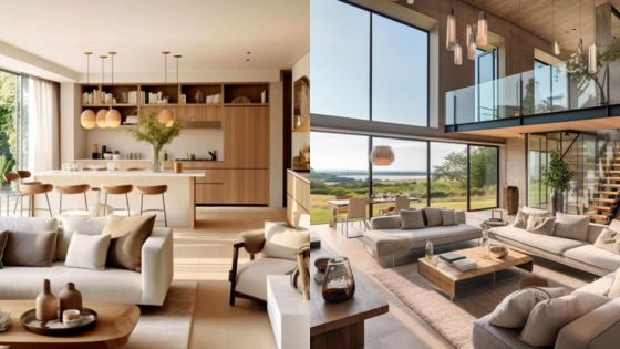 Modern open concept living room and kitchen with natural light, beige furniture, wooden accents, and panoramic windows.