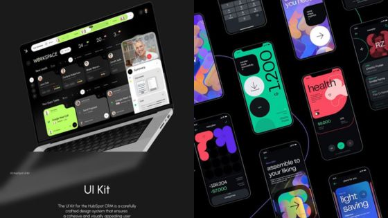 Modern UI Kit displaying sleek interfaces on a laptop and smartphones, showcasing diverse app designs and functionalities.