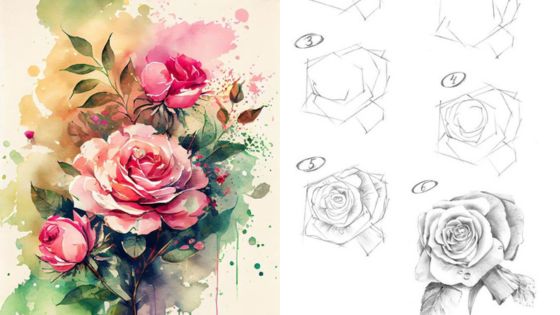 Watercolor rose illustration with step-by-step drawing tutorial on the right, perfect for artists and nature lovers.