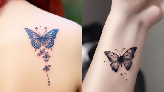 Beautiful butterfly tattoos: one detailed blue butterfly on the shoulder, one intricate black butterfly on the wrist. Elegant and stylish.