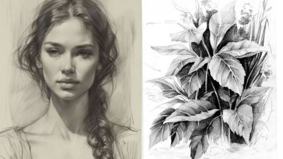 Black and white sketches of a woman with braided hair and detailed leafy plants, showcasing art and natural textures.