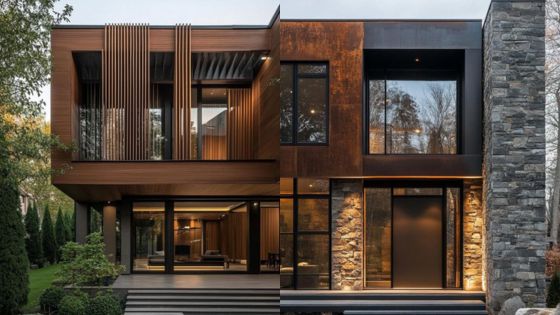 Modern two-story house with large glass windows, wooden and stone exterior details, and lush greenery surrounding the property.