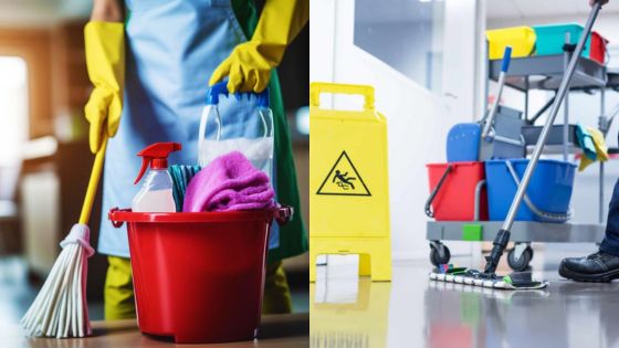 Professional cleaning services with equipment including mops, buckets, and safety signs for maintaining clean spaces.