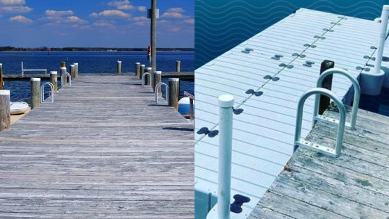 Wooden and floating docks leading out to a tranquil lake under a blue sky, perfect for boating and fishing activities.