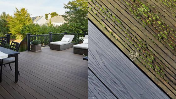 Comparison of a well-maintained deck and a neglected deck with overgrown weeds between boards.