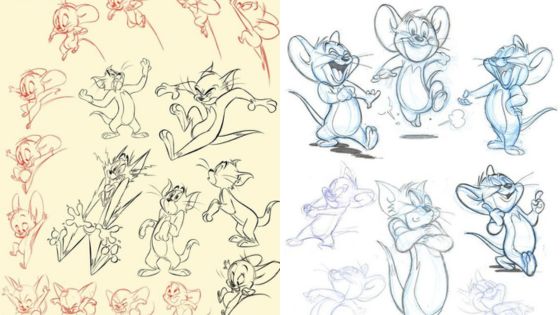 Sketches of the animated cat and mouse duo showing various action poses and expressions on a dual-toned background.