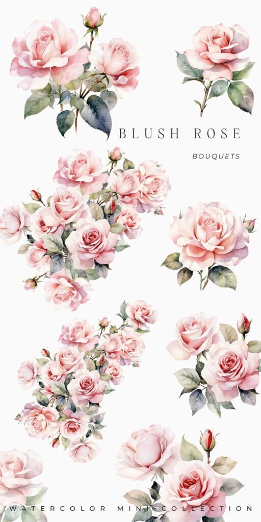 Watercolor blush rose bouquets, delicate pink flowers with green leaves, from the Watercolor Mint Collection.