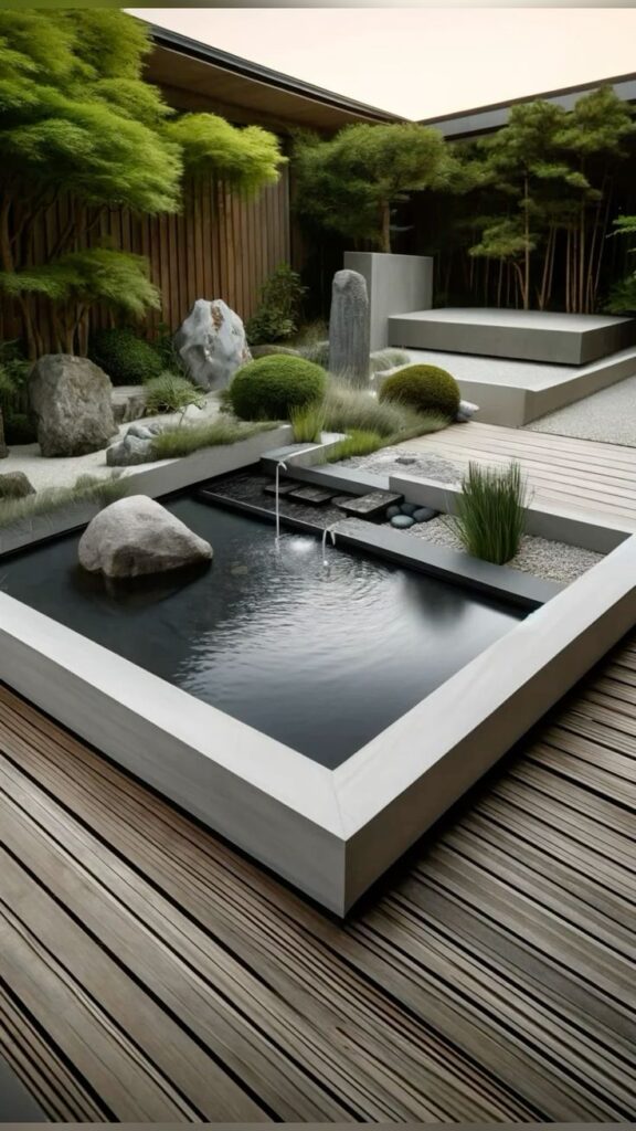 Modern zen garden with a minimalist water feature, rock landscaping, lush greenery, and wooden deck. Tranquil backyard oasis.