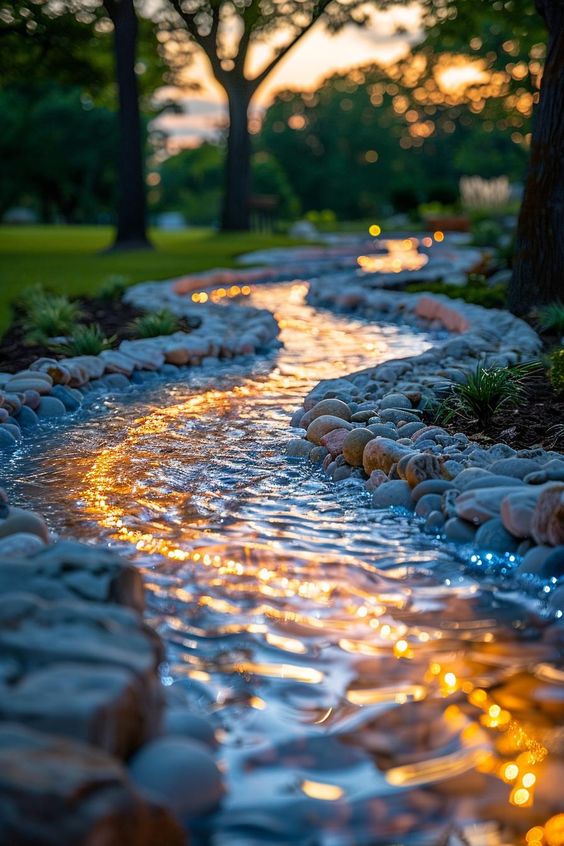 A serene stream with glowing lights reflecting off the water at sunset, bordered by stones and greenery in a park setting.