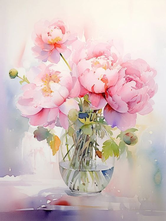 Watercolor painting of pink peonies in a glass vase on a light background.