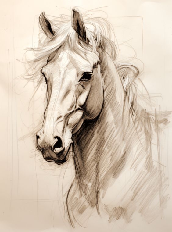 Sketch of a majestic horse head, showcasing detailed, lifelike pencil strokes and expressive features on a neutral background.