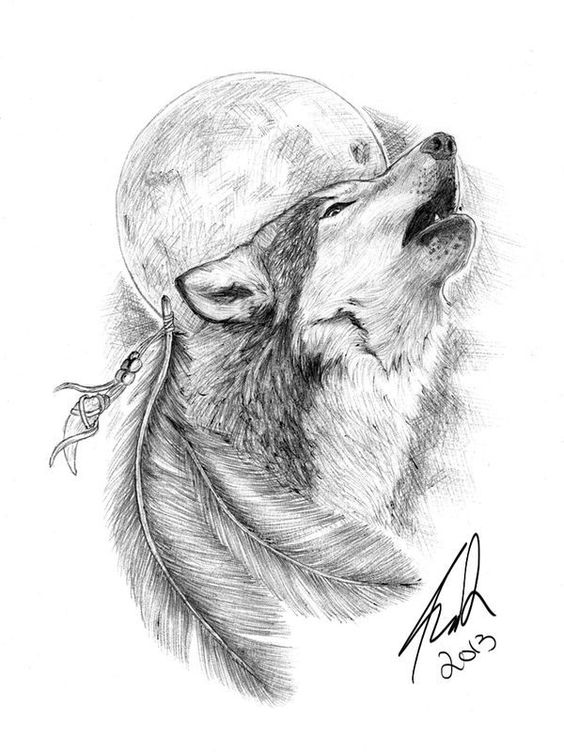 Wolf howling at the moon sketch with feather decoration, signed by the artist, 2013. Detailed pencil drawing.