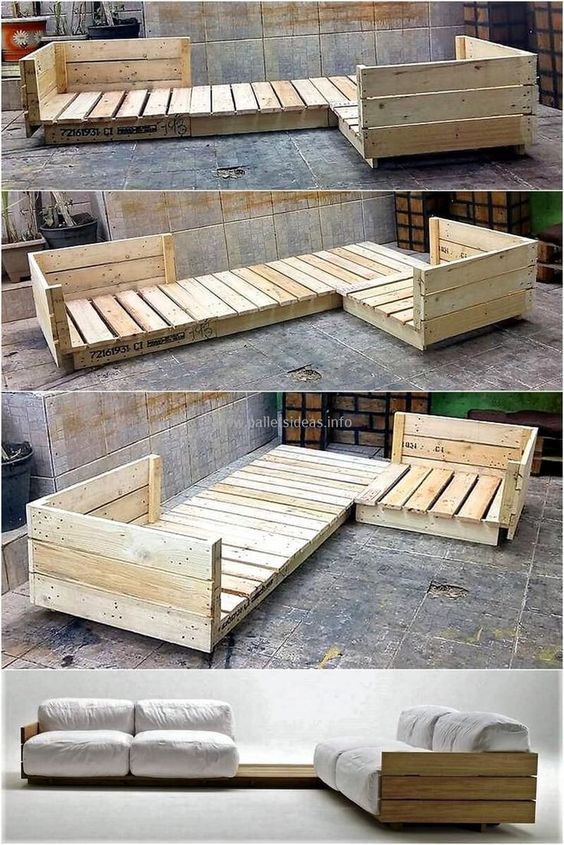 Wood pallet sofa with armrest and backrest, DIY customizable layout, transformed into a modern cushioned sofa for living rooms.