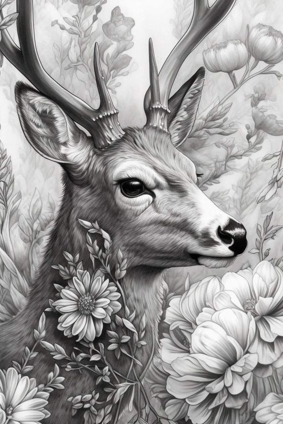 Sketch of a deer with antlers surrounded by detailed flowers and foliage in grayscale.