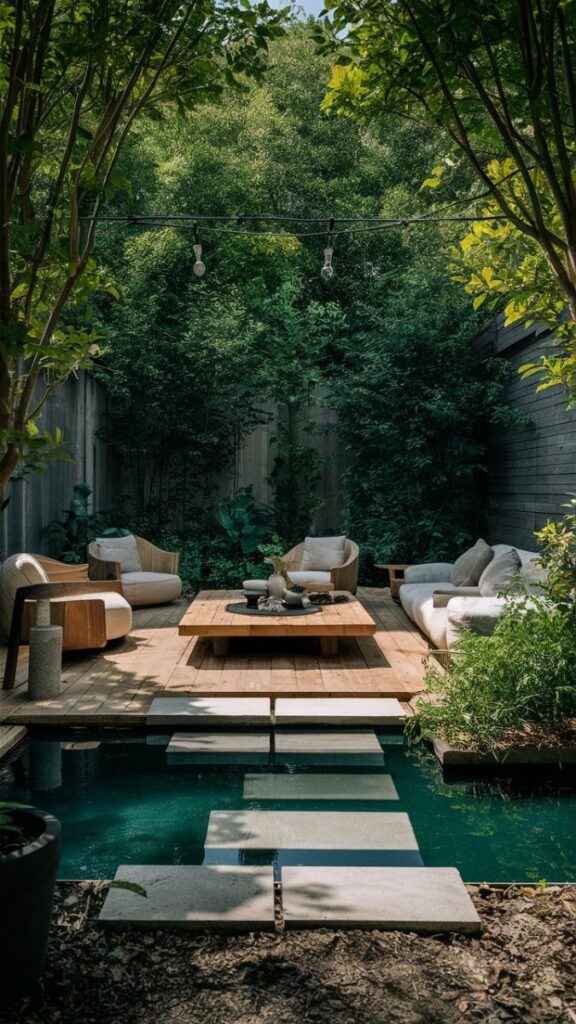 Serene backyard patio with modern outdoor furniture, wooden deck, string lights, lush greenery, and small garden pond.