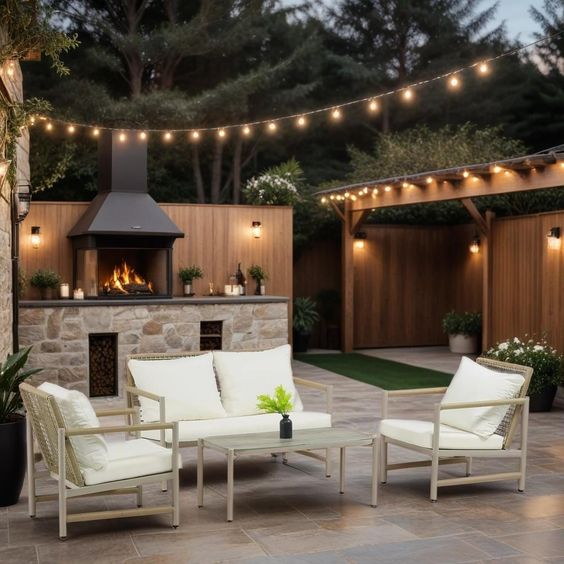 Outdoor patio with string lights, cozy seating, and a lit fireplace, perfect for evening relaxation.