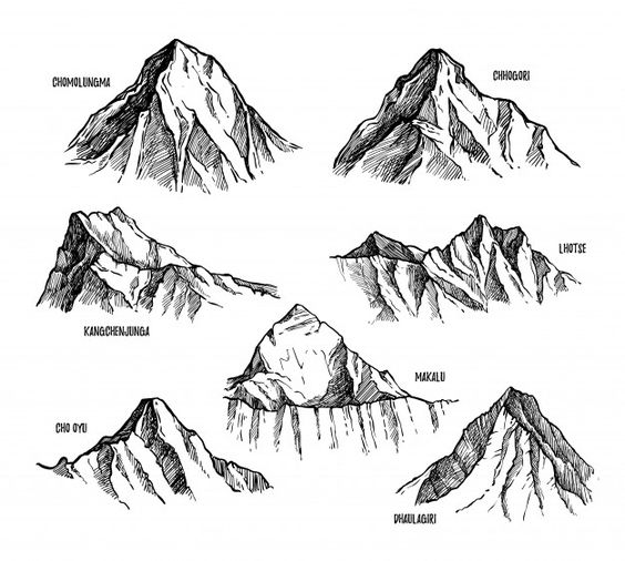 Hand-drawn sketches of famous mountains: Chomolungma, Chhogori, Kangchenjunga, Lhotse, Makalu, Cho Oyu, Dhaulagiri.