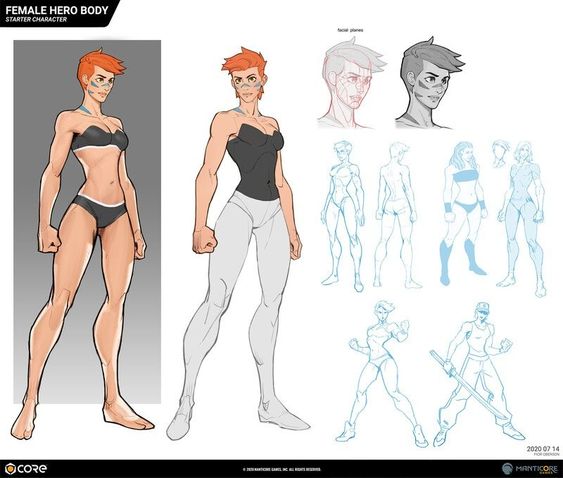 Concept art of a female hero character design with red hair, showcasing various poses, sketches, and outfit details.