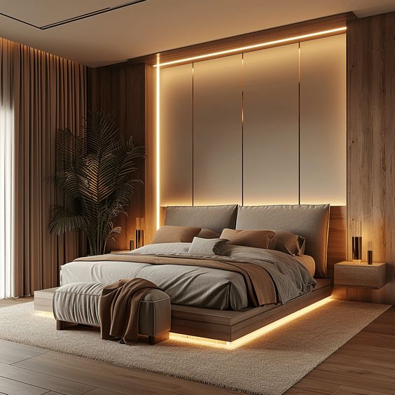 Modern bedroom with ambient lighting, cozy bedding, wood paneling, and minimalist decor. Warm and inviting interior design.