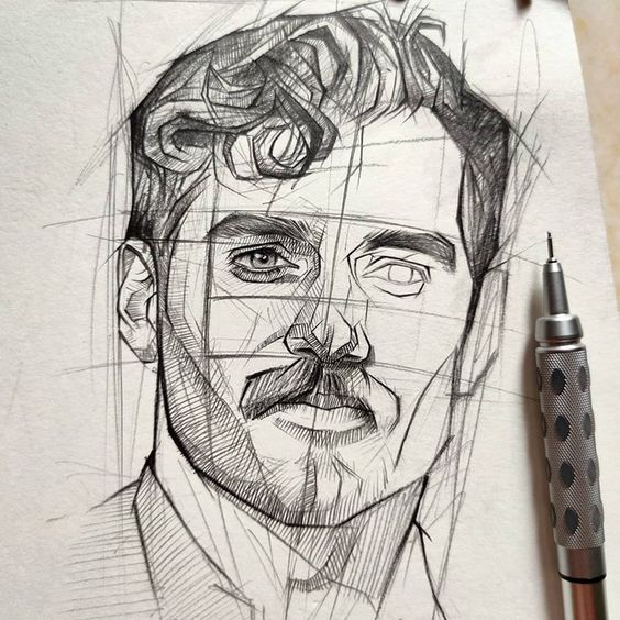 Detailed pencil sketch of a man with a mustache and wavy hair, featuring precise geometric lines and shading, with a pen nearby.