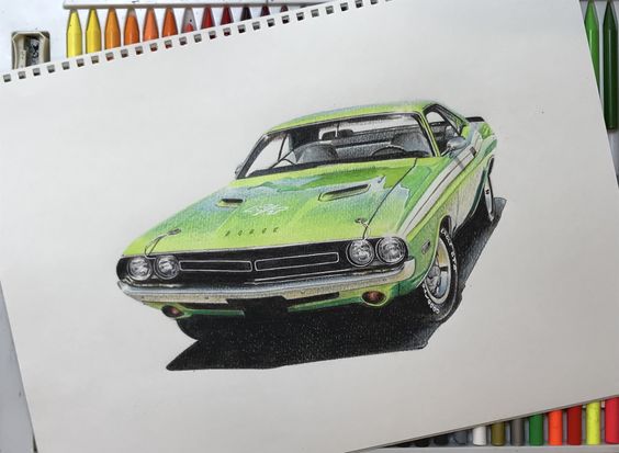 Colored pencil drawing of a vibrant green vintage muscle car, showcasing detailed and realistic artistry on a sketchbook page.