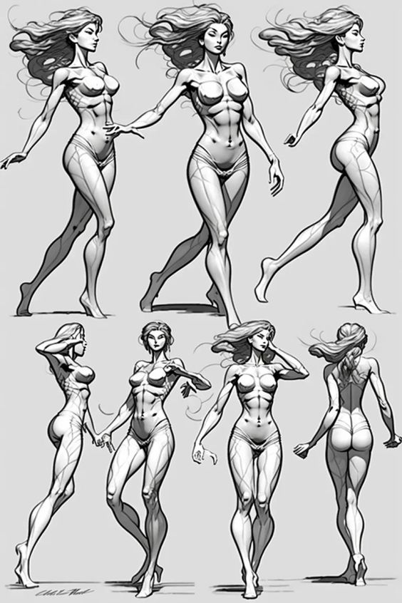 Digital sketches of a woman in various poses, showcasing anatomy and movement in a dynamic art study.