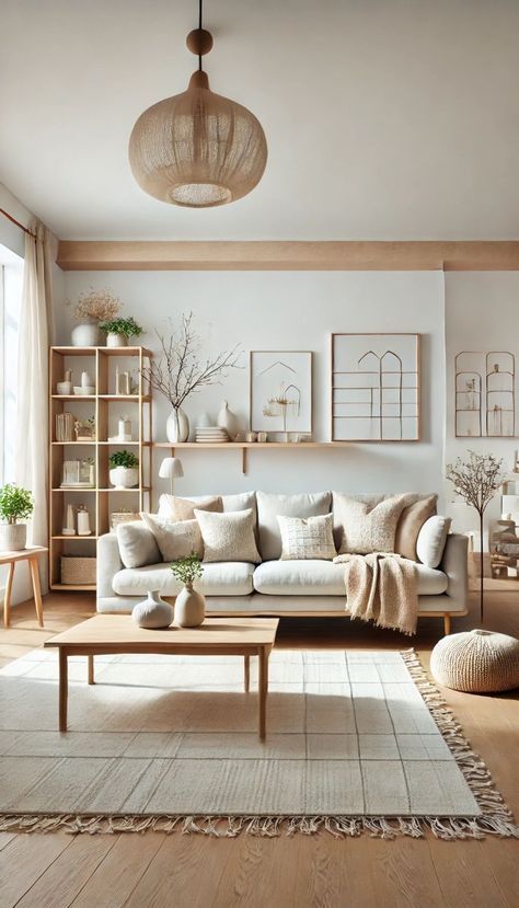 Modern living room with neutral decor, cozy throw blankets, wooden furniture, and contemporary wall art.