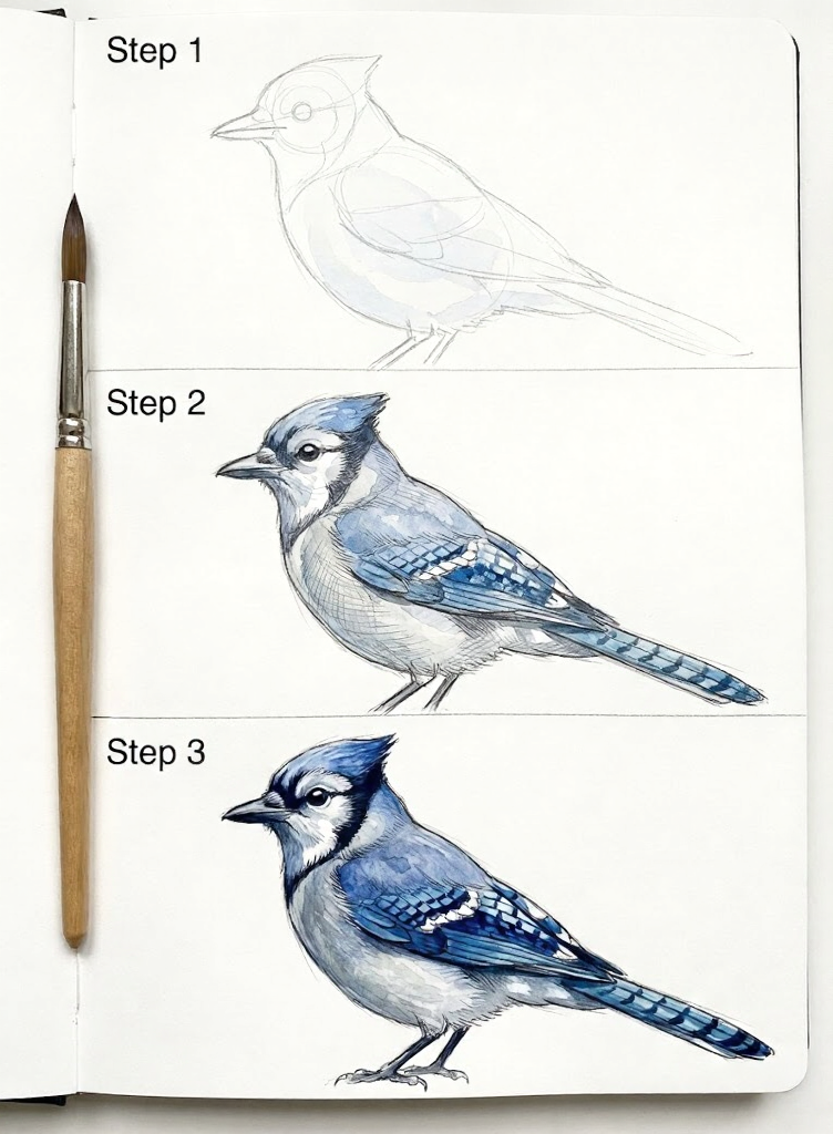 Step-by-step blue jay drawing tutorial in sketchbook: pencil sketch to final watercolor/ink stages with paintbrush
