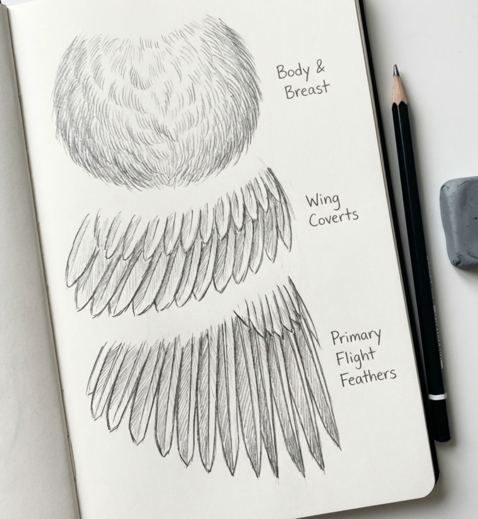 Pencil sketch of labeled bird wing anatomy: body & breast, wing coverts, primary flight feathers in a notebook