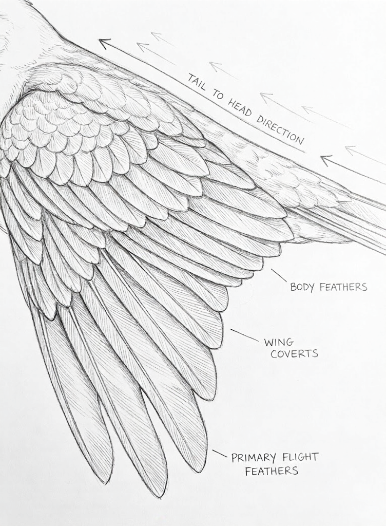 Bird wing anatomy pencil sketch diagram labeled with primary flight feathers, wing coverts and body feathers.