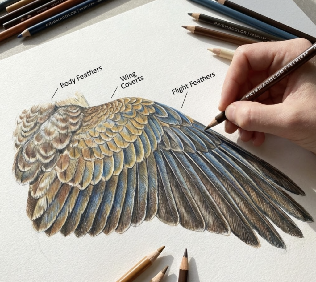 Hand drawing a detailed Prismacolor pencil bird wing illustration labeled body feathers, wing coverts, flight feathers