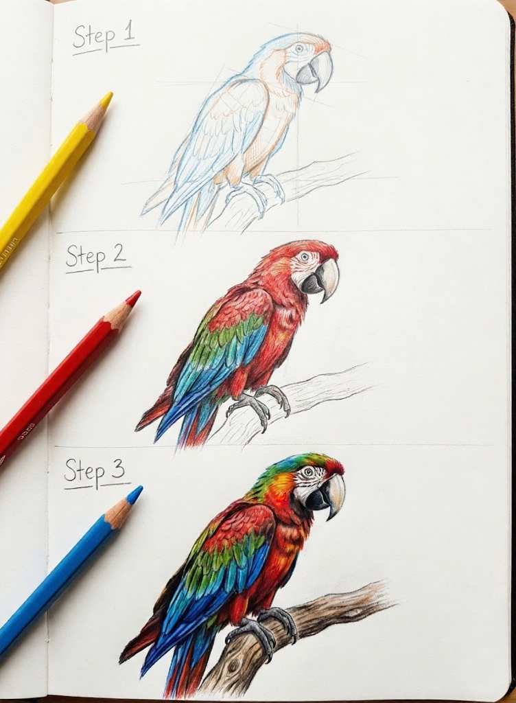 Three-step colored pencil parrot tutorial in sketchbook, from initial sketch to fully colored parrot on a branch