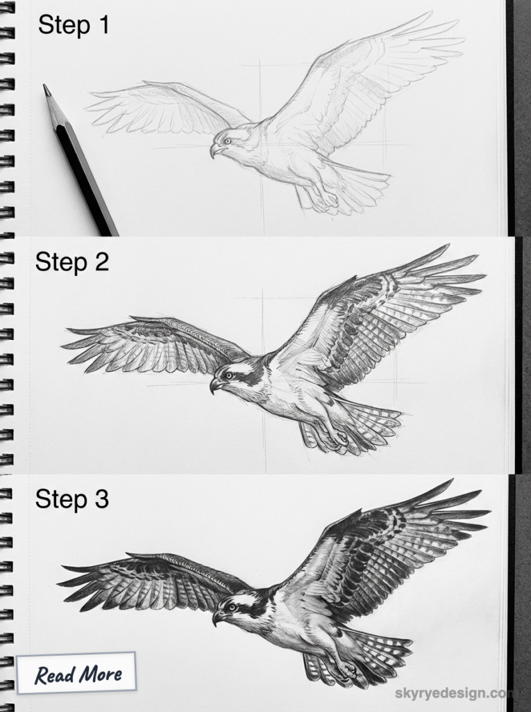 Falcon pencil drawing tutorial: step-by-step progression from rough sketch to fully shaded flight illustration (3 stages)