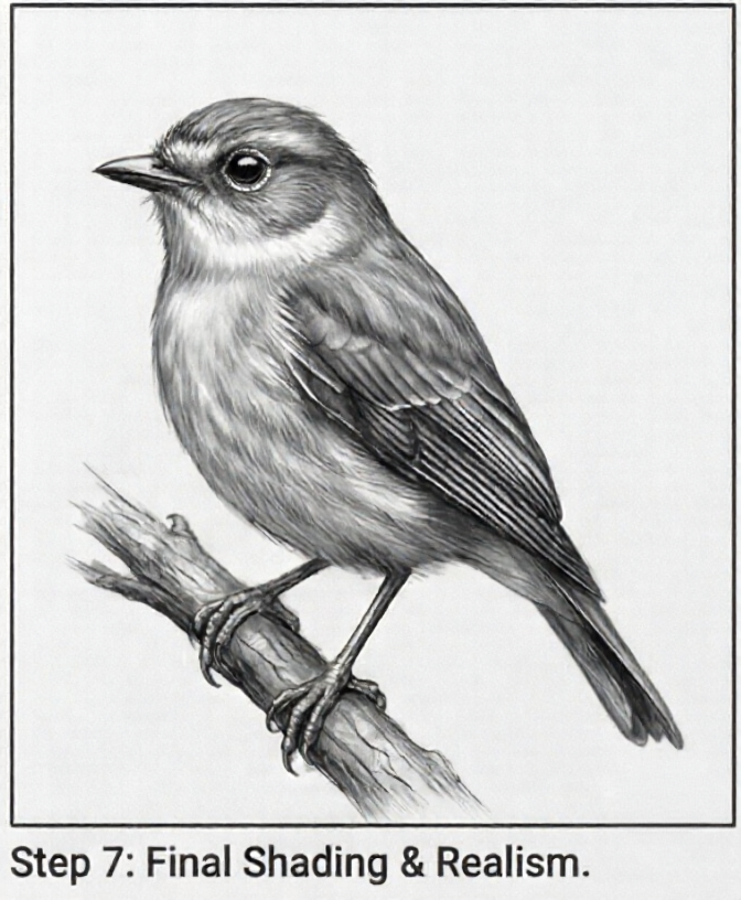 Step 7: realistic pencil drawing of a small songbird perched on a branch, final shading and realism illustration