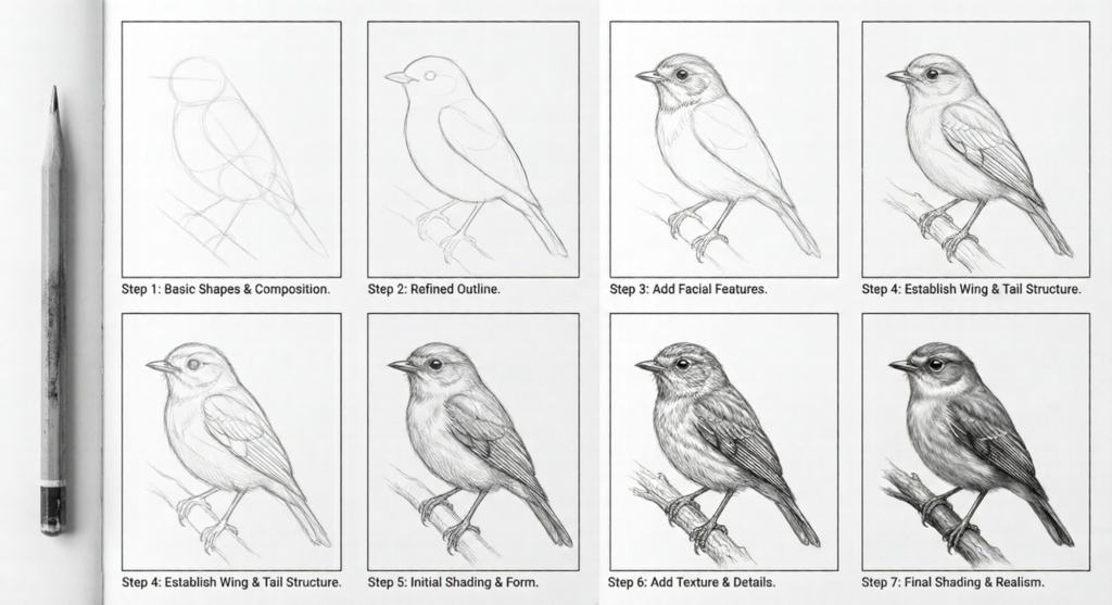 Pencil bird drawing tutorial: seven-step progression from basic shapes and outline to detailed shading and realism.