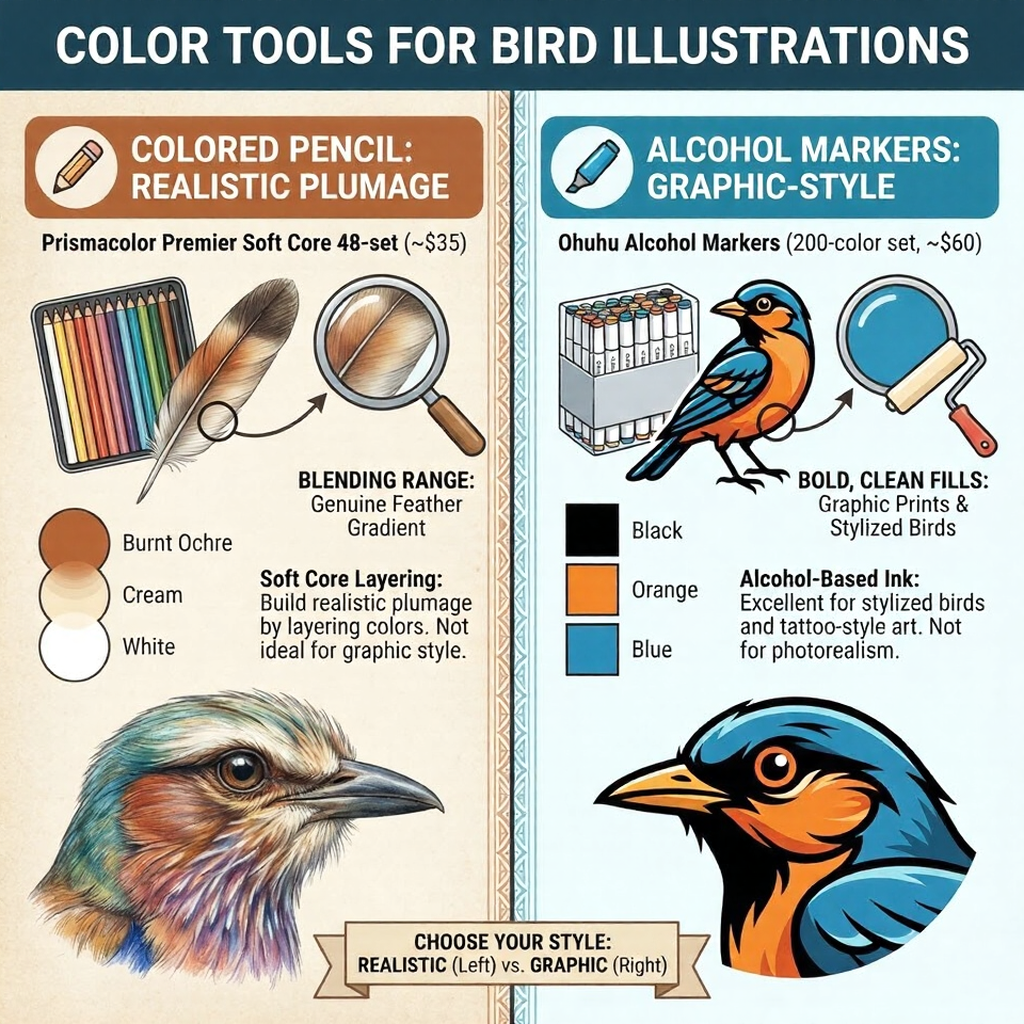 Bird illustration color tools infographic: colored pencils for realistic plumage vs alcohol markers for graphic style