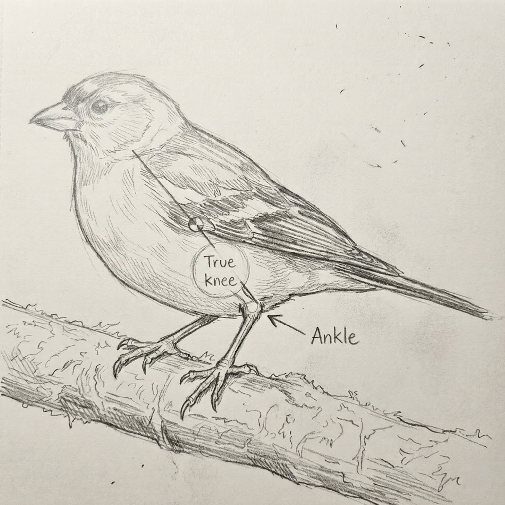 Pencil sketch illustration of a bird on a branch with labeled leg anatomy showing the true knee and ankle