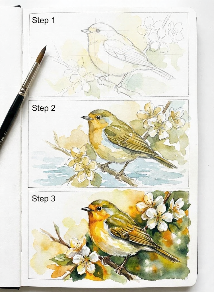 Step-by-step watercolor bird tutorial: 3 stages from sketch to finished orange-green songbird on blossoming branch with brush