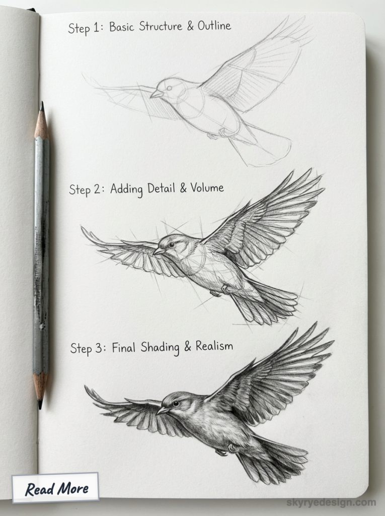 Pencil bird drawing tutorial sketchbook: three stages, outline, added detail, final shaded realistic flying bird.