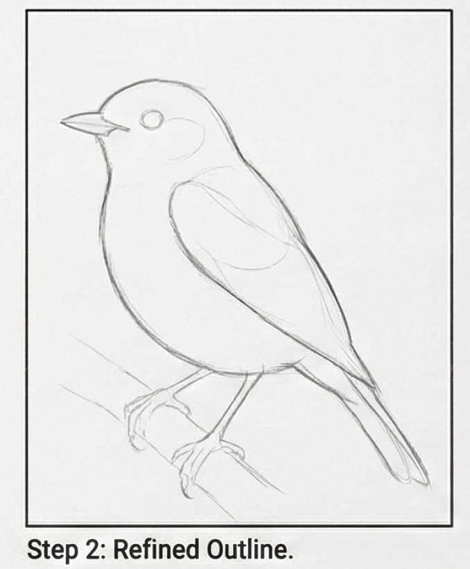 Pencil sketch of a small bird perched on a branch, refined outline — Step 2 in a how-to drawing tutorial.